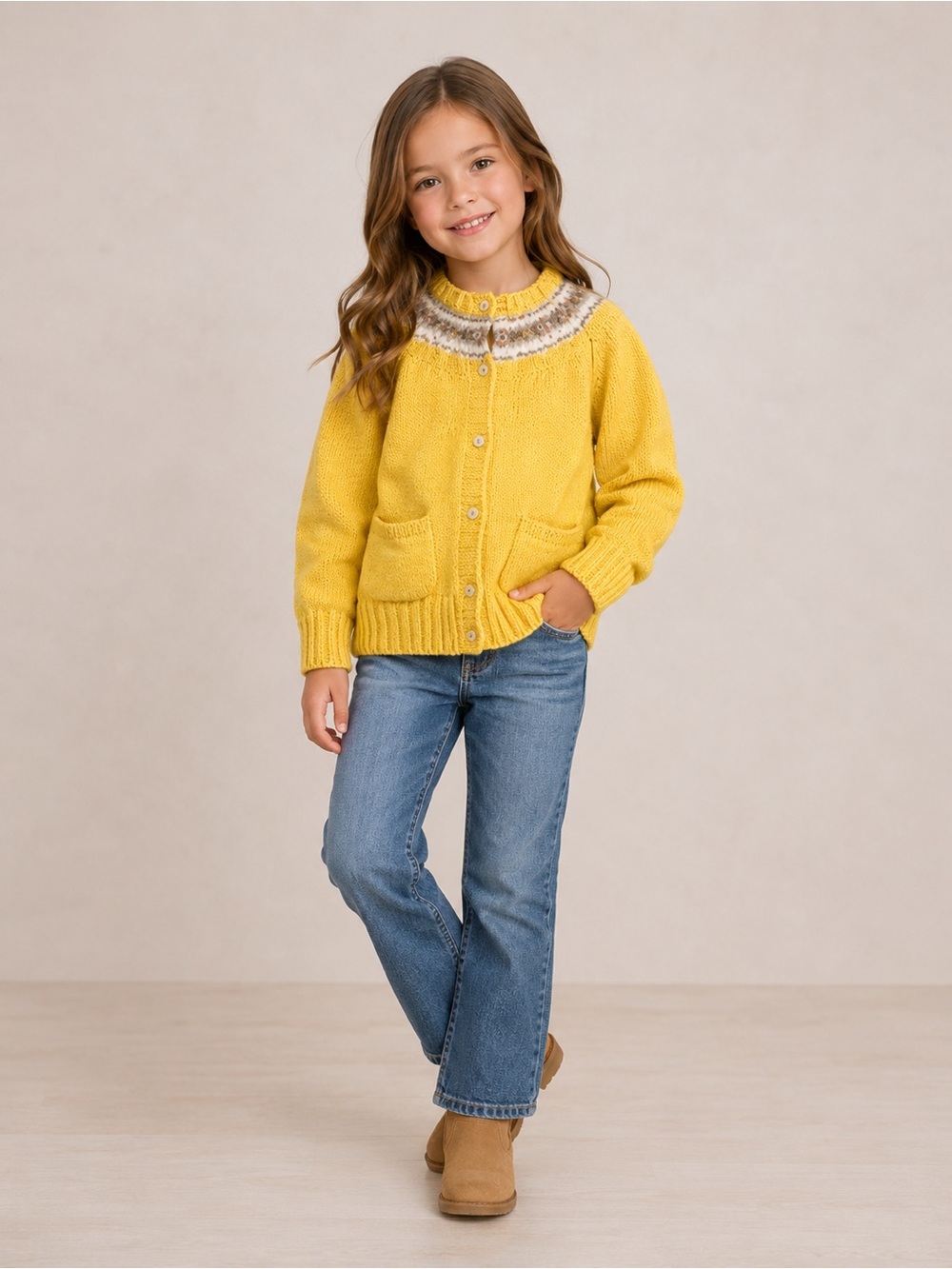 Ralph Lauren Butter Yellow Cardigan Nordic Patterned Collar Cotton Wool Scandi